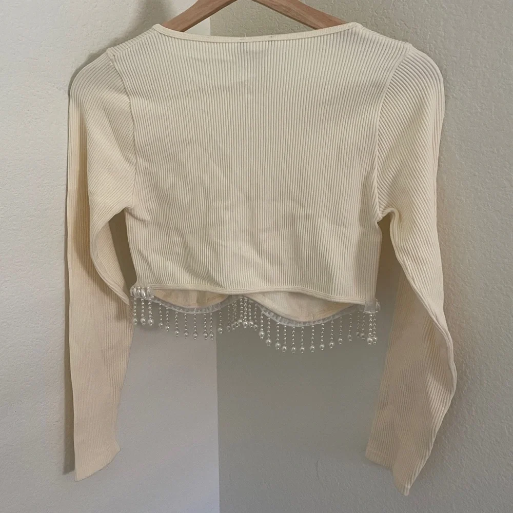 NWT ZARA PEARL EMBELLISHED CREAM CROP TOP SIZE M